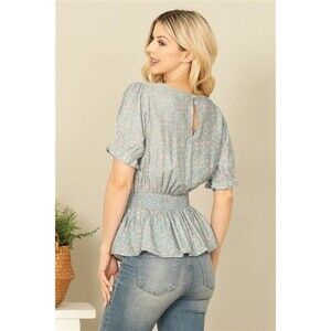 EASEL Blue Ditzy Floral Blouse Smocked Waist Ruffle Sleeve Rayon Shirt Small Top